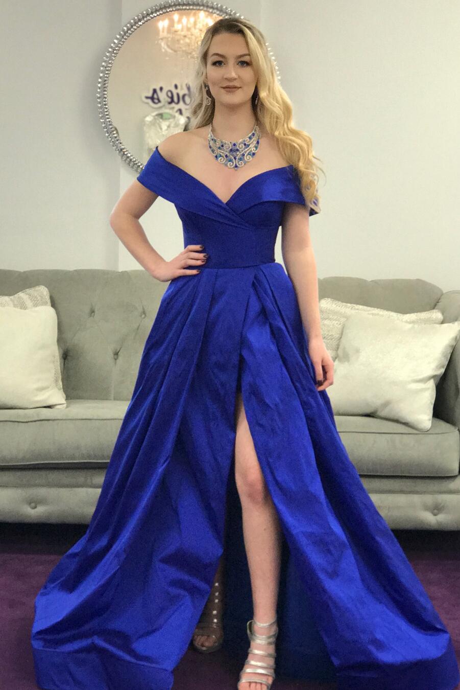 Elegant Off the Shoulder Royal Blue Long Prom Dress with Side Slit,A