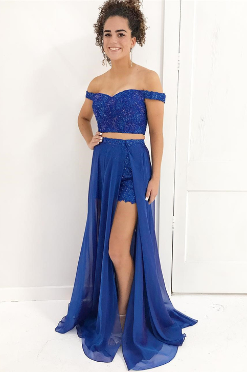 Royal Blue Beaded Prom Dress with Detachable Skirt, Sexy Two Piece Prom