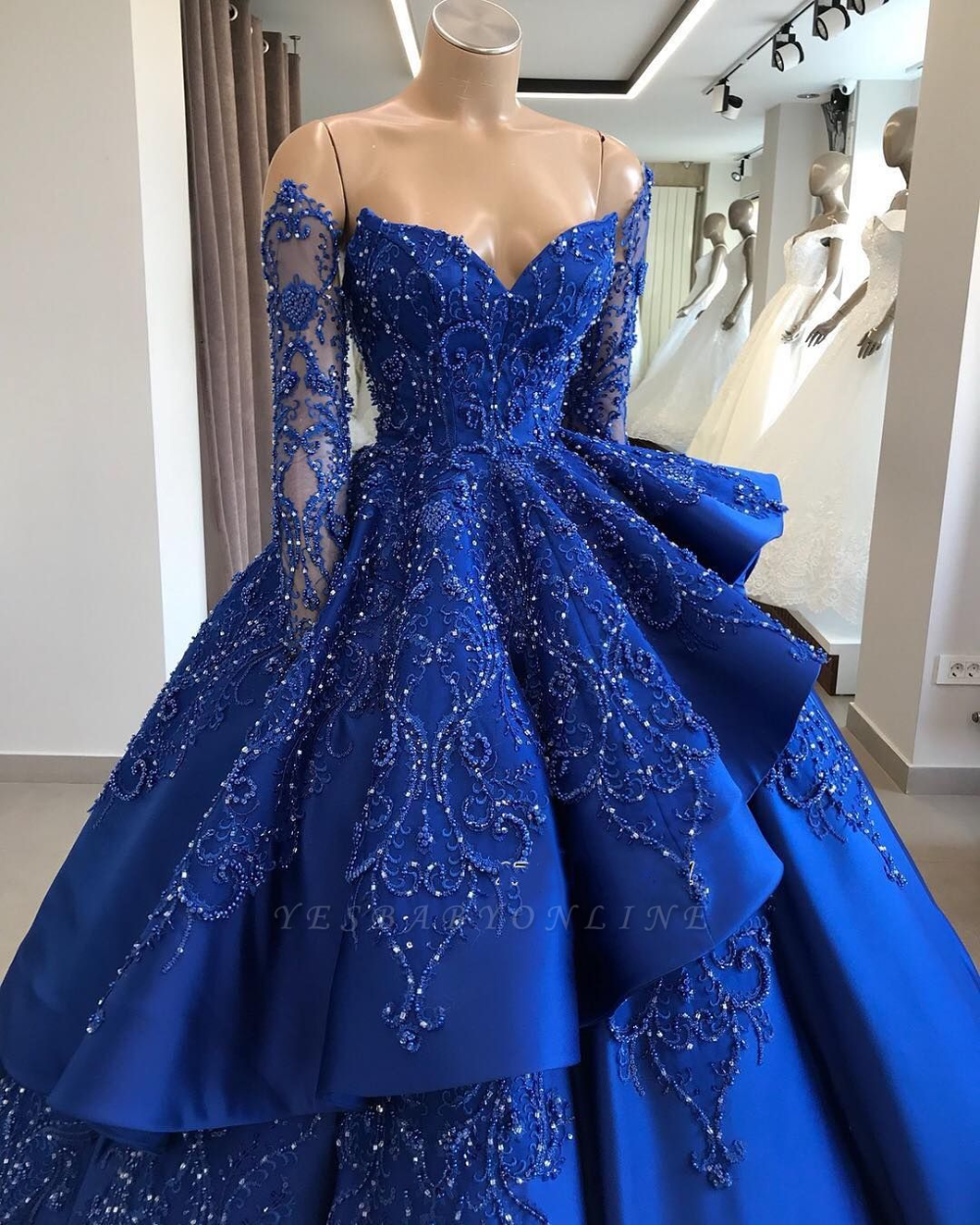 Gorgeous Royal Blue Lace Ruffled Prom Dress | Strapless Sweetheart