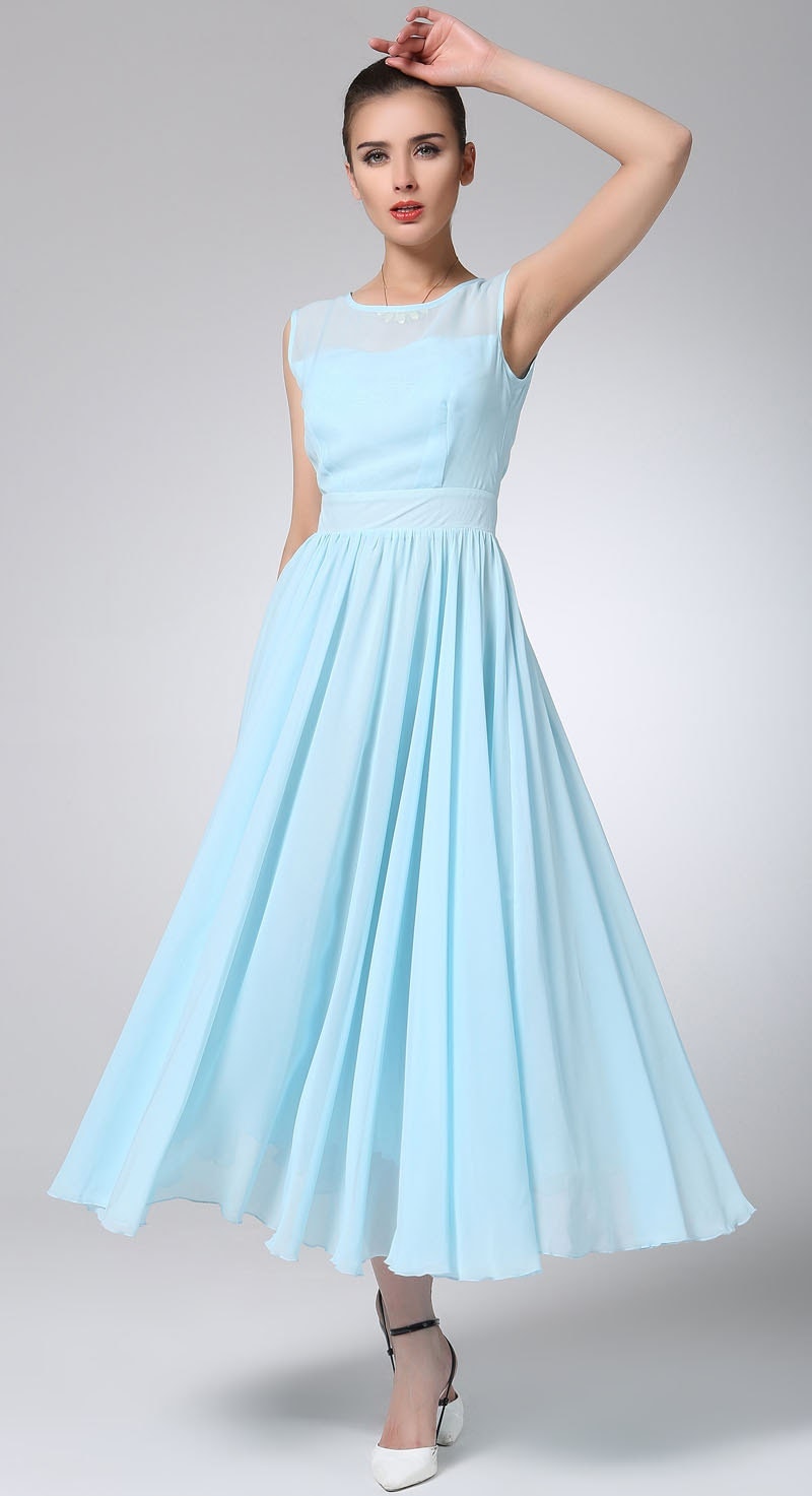 Light blue chiffon dress maxi prom dress women dress by xiaolizi