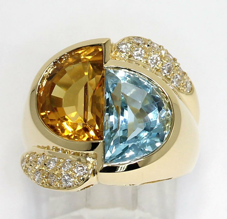 Details about Diamond citrine topaz ring 18K yellow gold half moon VS