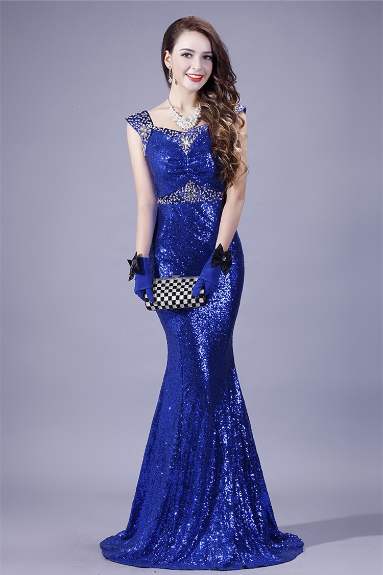 Mermaid Sweetheart Royal Blue Sequin Beaded Evening Prom Dress With Straps
