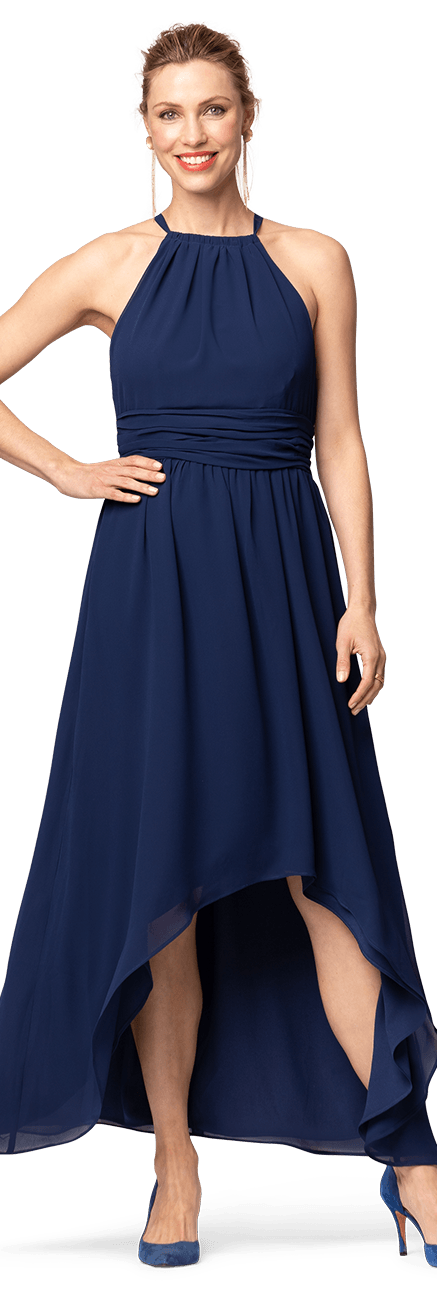 Navy Blue halter Empire waist high low Long Dress | Sumissura