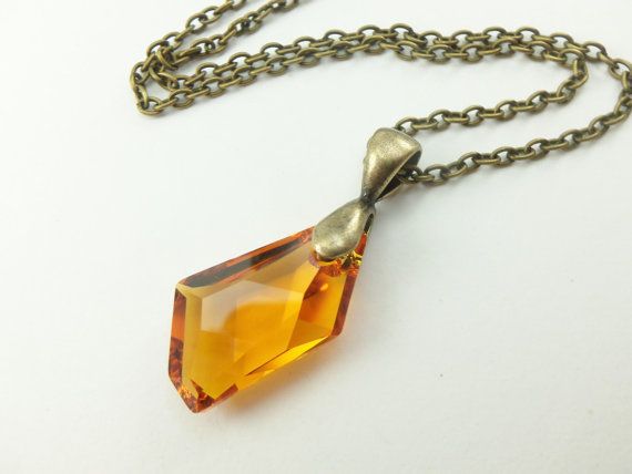 Antiqued Brass Orange Crystal Necklace Citrine Birthstone Necklace